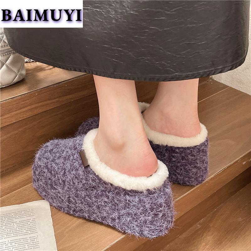 Pelzige flache Plateau Damen Baumwollpantoffeln Modeschuhe 2025 Trend Winter Kurzer Plüsch Slingback Flip-Flops Lässig Mujer Zapatos