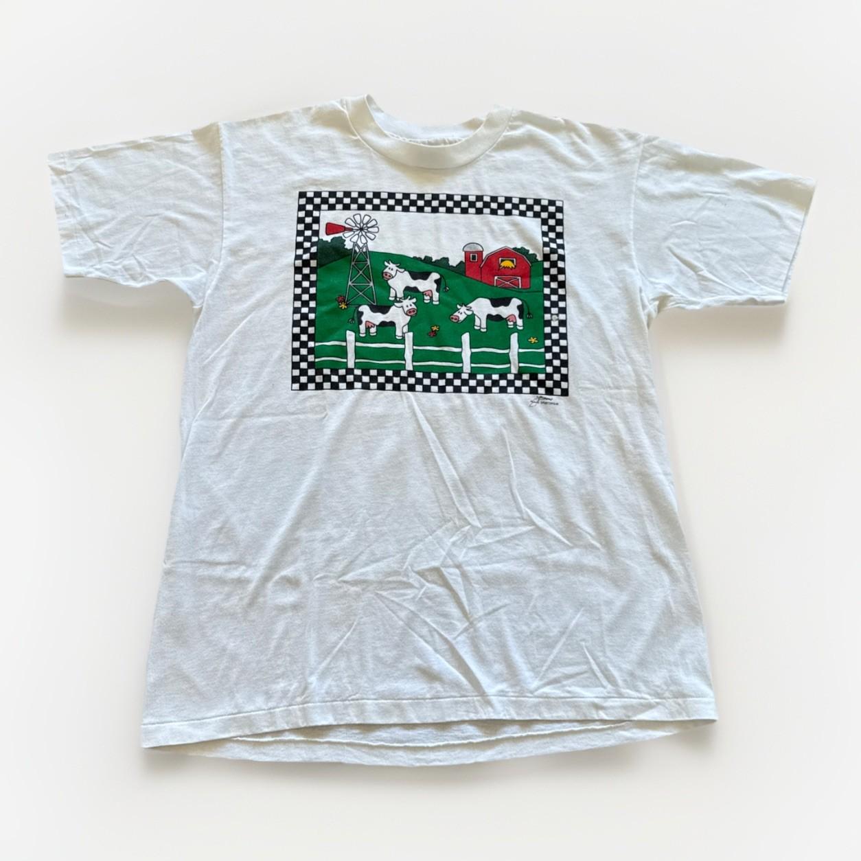 Vintage Farm Shirt Mens L Cow Barn White Cotton 90s Scenic Art XL