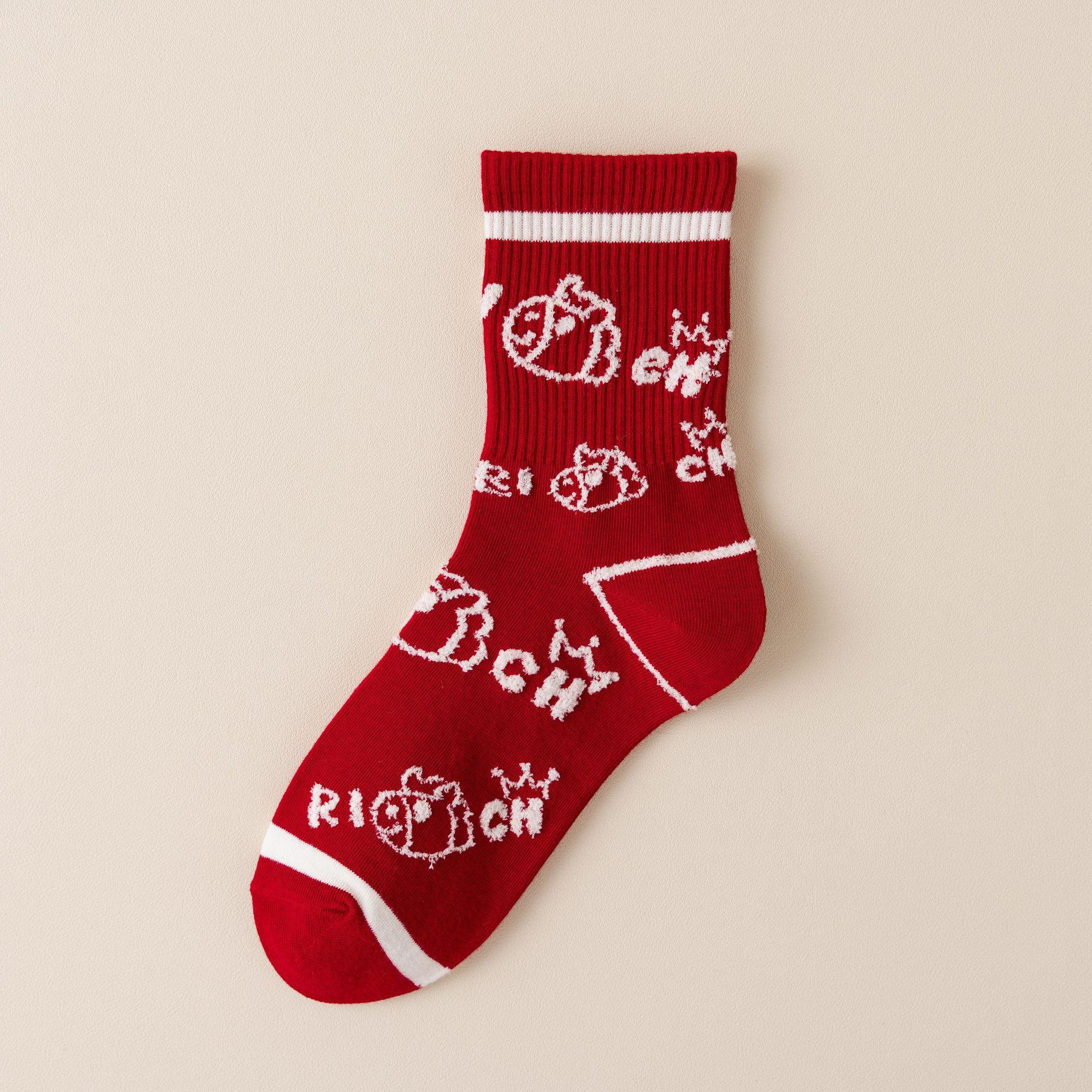 High Rubber Band Year Of The Horse Red Socks 2026 New Year Cartoon Striped Big Red Socks Red Cotton Socks