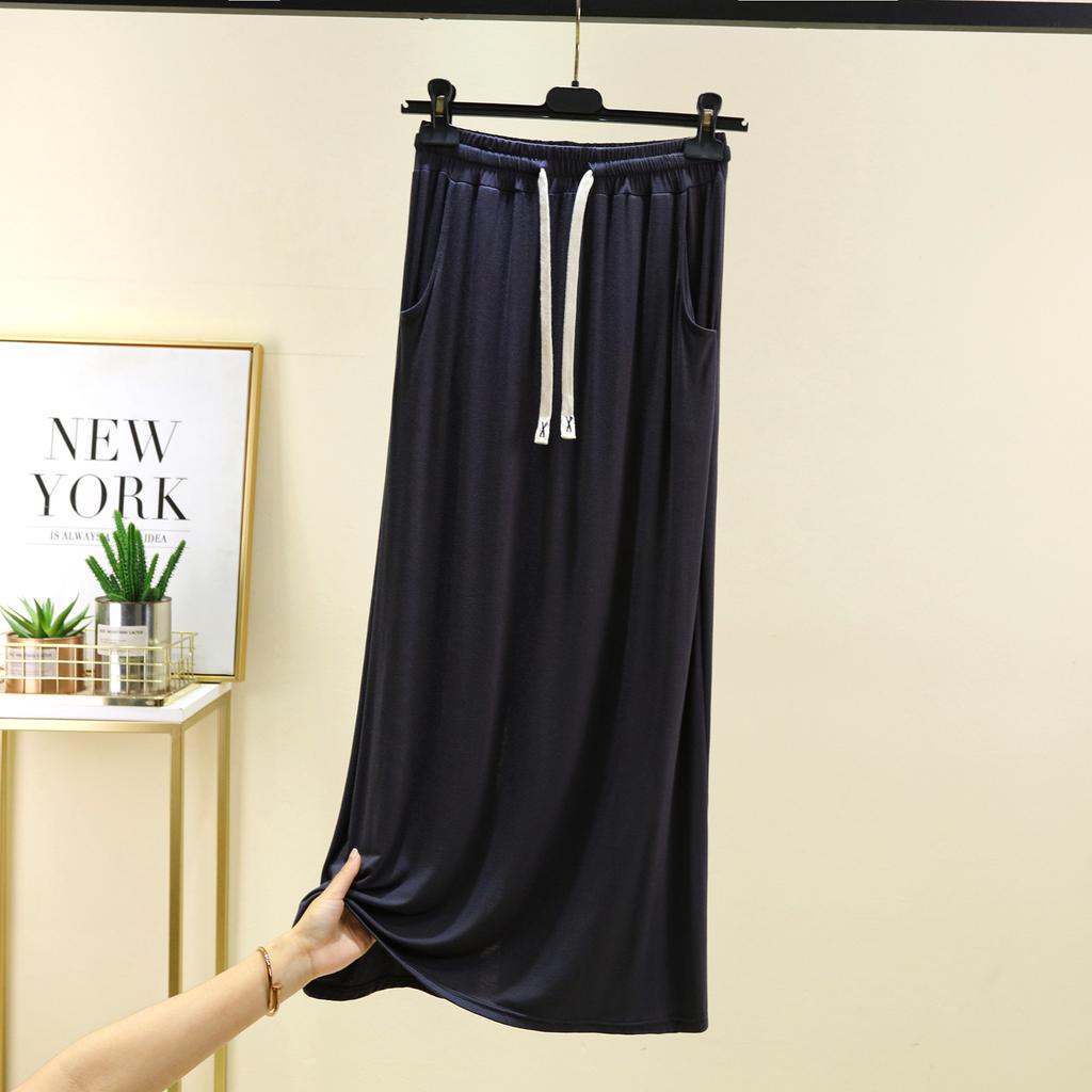 Modal A-Line Drawstring Skirt with Pockets Women Loose-fitting Long Skirts Solid Color Outwear High Waist Maxi Skirt