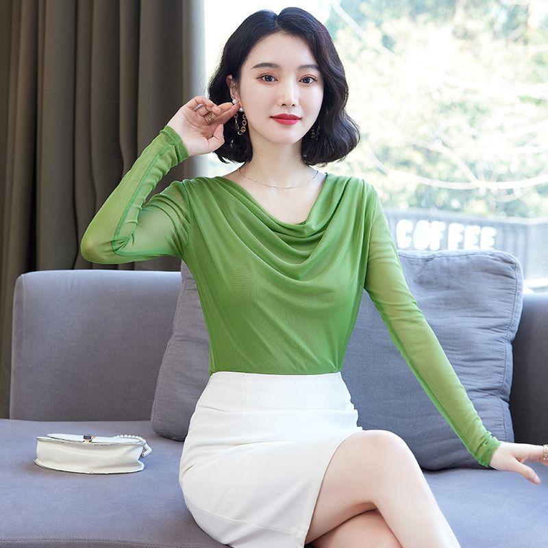 Fashion Spring Summer Mesh Base Shirt Thin Loose Fit Long Sleeve Elegant T Shirt Women Cover Belly Blouse