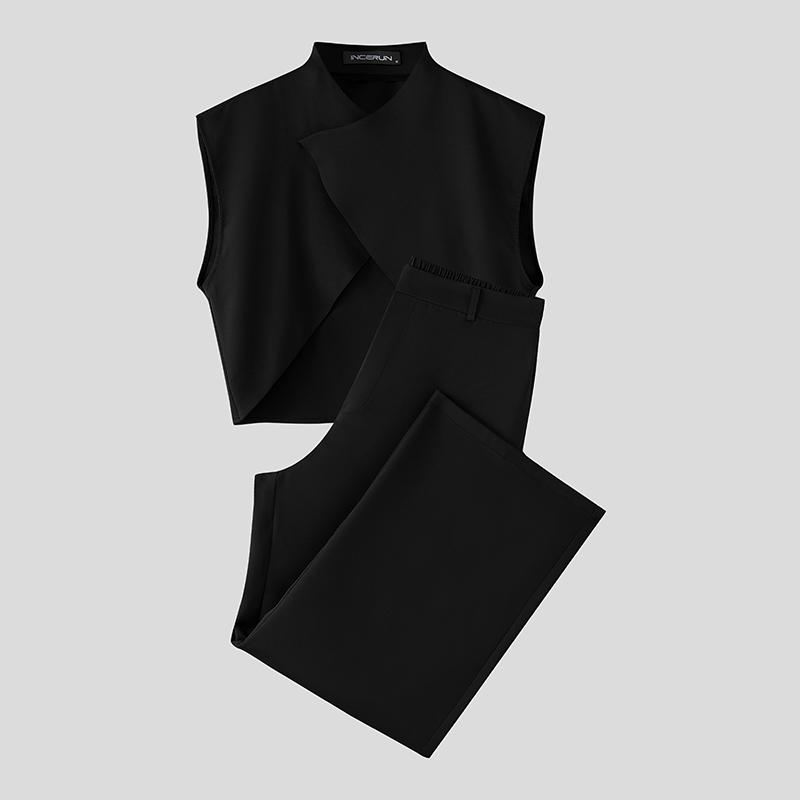 INCERUN Two Pieces Outfits Men Irregular Cropped Tops and Long Straight Pants Sets