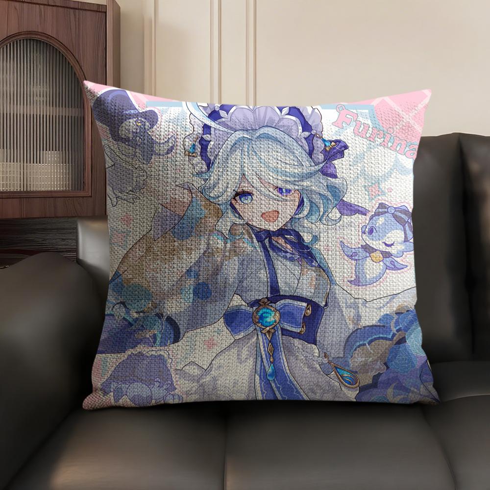 Cute Furina Genshin Impact Cushion Cover Natural Linen Organic Fabric Double-Sided Printing Sofa Home Decor Gift Pillow Case