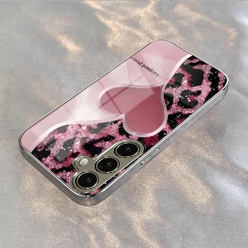 Pink Heart Leopard High-end PhoneCase Electroplated Glass PhoneCase for Samsung Galaxy S26 S25 S24 S23 S22 S21 FE,Ultra,Plus