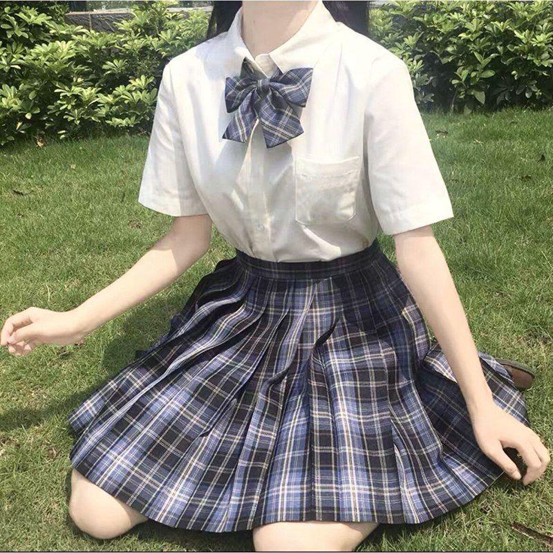Lemon Sea Salt Plaid School Uniform: Short Sleeve Top & Midi Skirt Set
