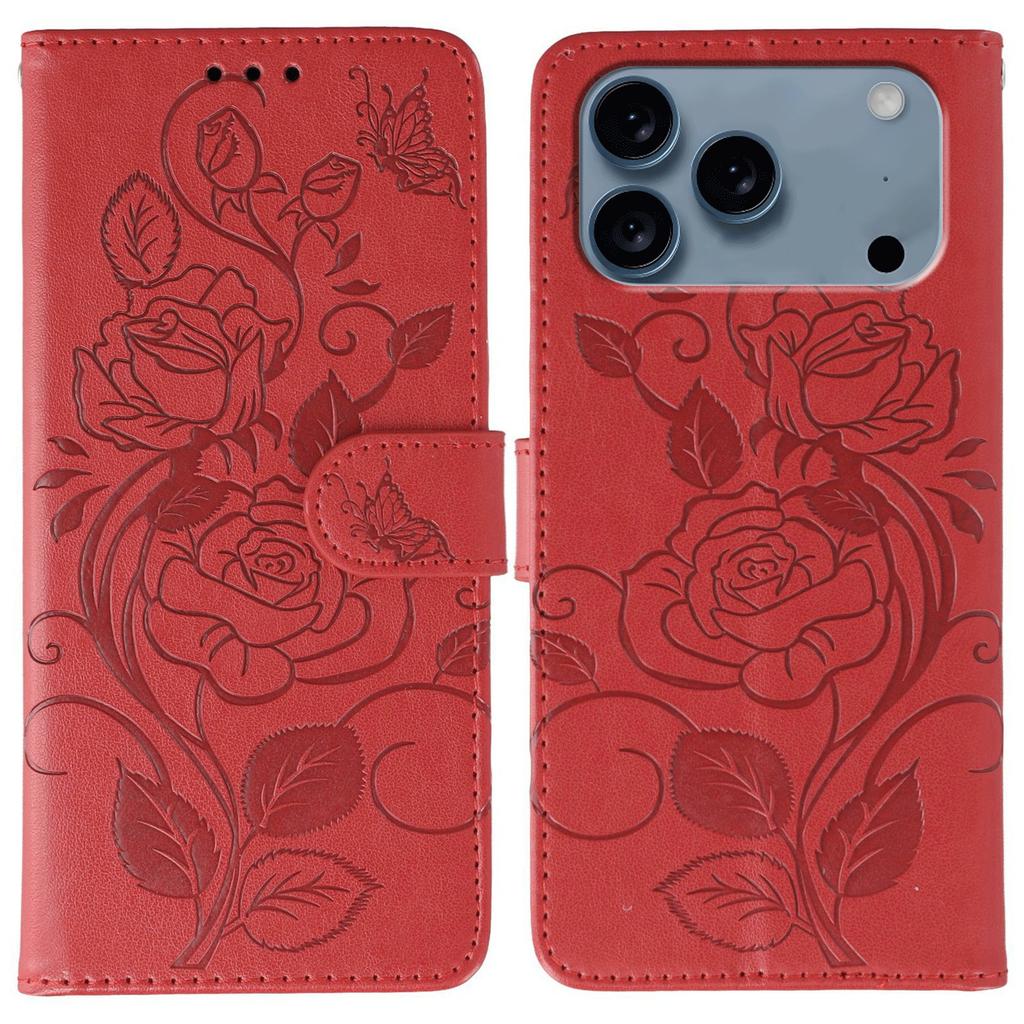 For iPhone 17 Pro Case Wallet Stand Imprinted Rose Butterfly PU Leather Phone Cover