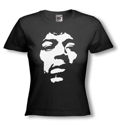 Damen Figurbetontes Fruit of the Loom JIMI HENDRIX T-SHIRT Flockdruck auf Schwarzem T-Shirt
