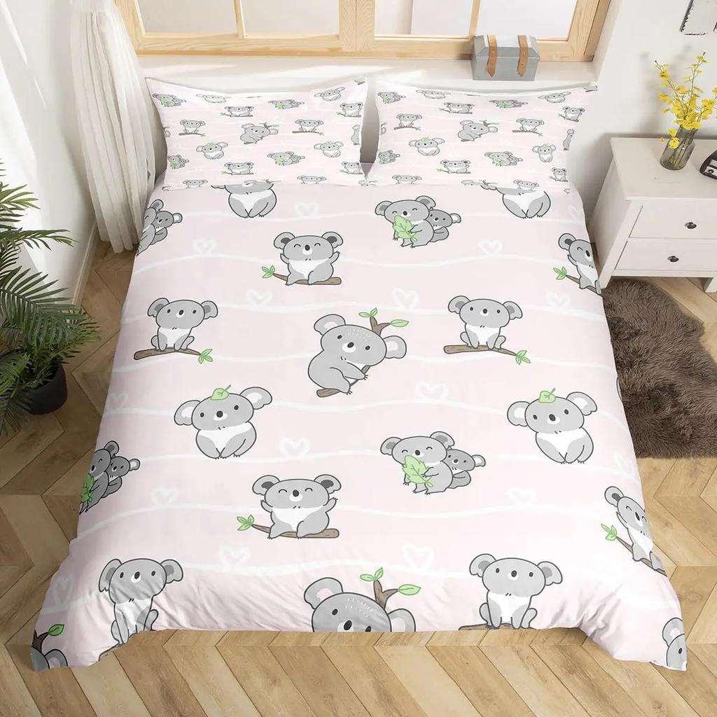 Housse de couette koala mignon dessin animé femmes enfants filles adolescents cadeaux chauds décoration de chambre fleurs roses thème animal dessin animé literie Queen King