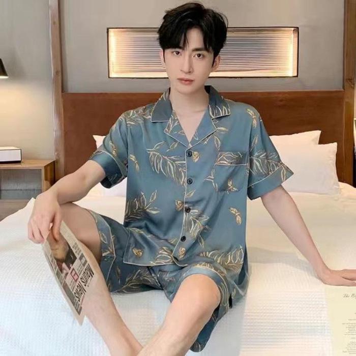 Men's Summer Ice Silk Pajama Set: Long Sleeve, Long Pants, Loose-Fit, Cooling Style.
