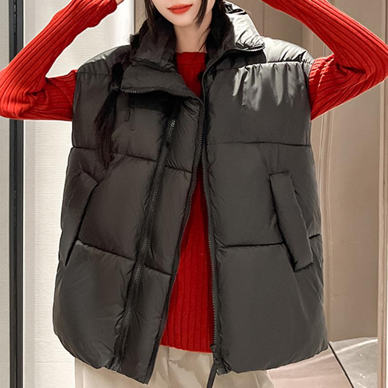 

Fashion Winter Sleeveless Parka Woman Short Vest Stand Collar Thick Warm Women s Jackets M чорний