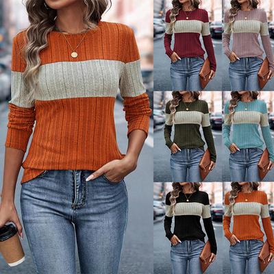 2025 Autumn and Winter New Products Round Neck Loose Casual Color Matching Thin Sweater, Temperament All-match Elegant Ladies Long-sleeved Top 5019