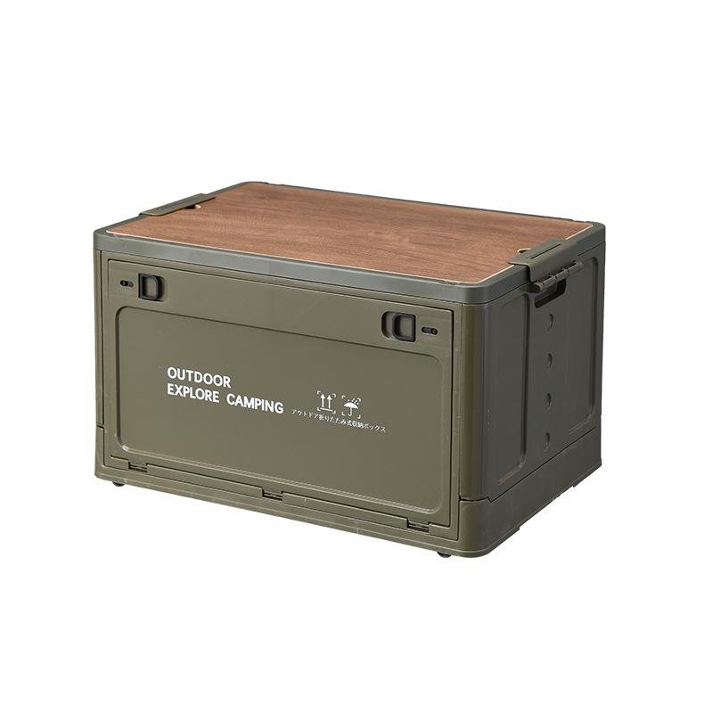 Portable Wheeled Camping Storage Box with Wooden Lid and Side-Opening Access