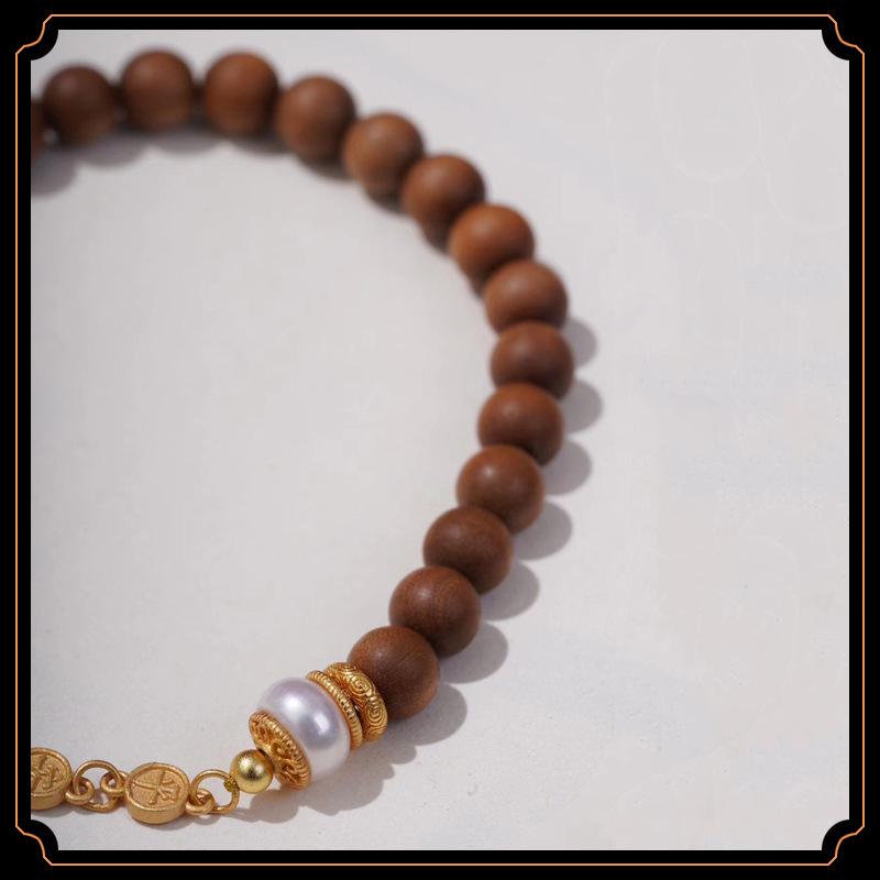 Indian Old Mountain Sandalwood & Pearl Silver-Plated Small Flower Beaded Bracelet
