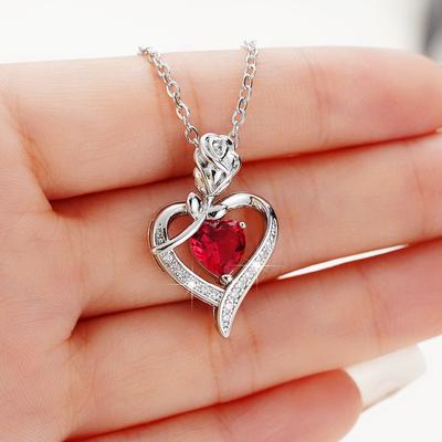 Gorgeous Red Heart CZ Rose Design Women's Pendant Necklace Aesthetic Bridal Wedding Accessories Gift for Mother's Day New