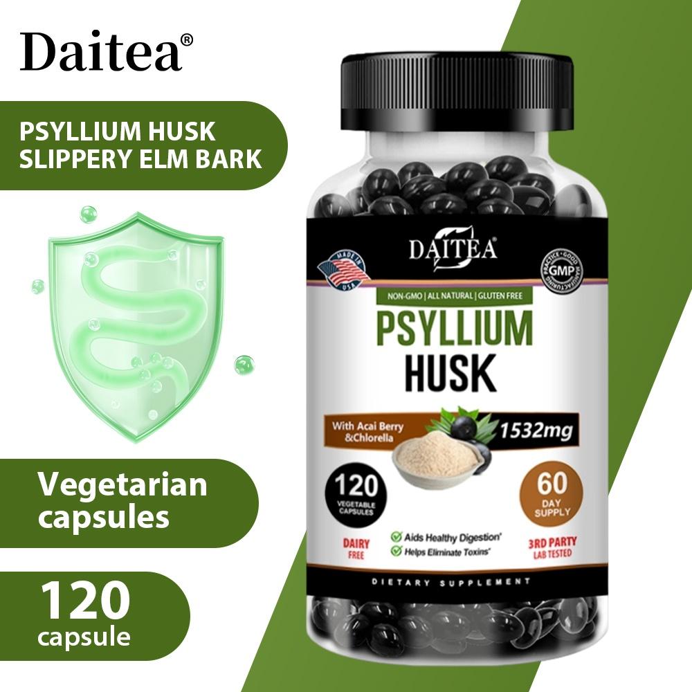 Daitea Psyllium Husk Capsules, 1532mg, with Acai Berry & Chlorella, Digestive Fiber, 120 Caps
