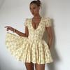 Elsa French Sweet Spring and Summer New Arrival Sexy Deep V Slim Looking Special-Interest Design Pleated Floral Dress Women
