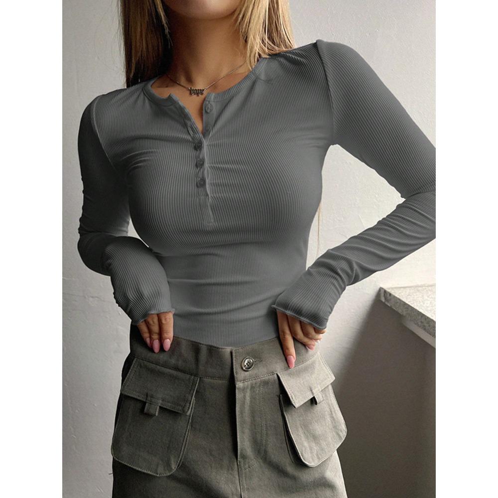Autumn and Winter New Button-ribbed Slim-fit Knitted Long-sleeved Women's Comfortable Soft Bottoming Shirt