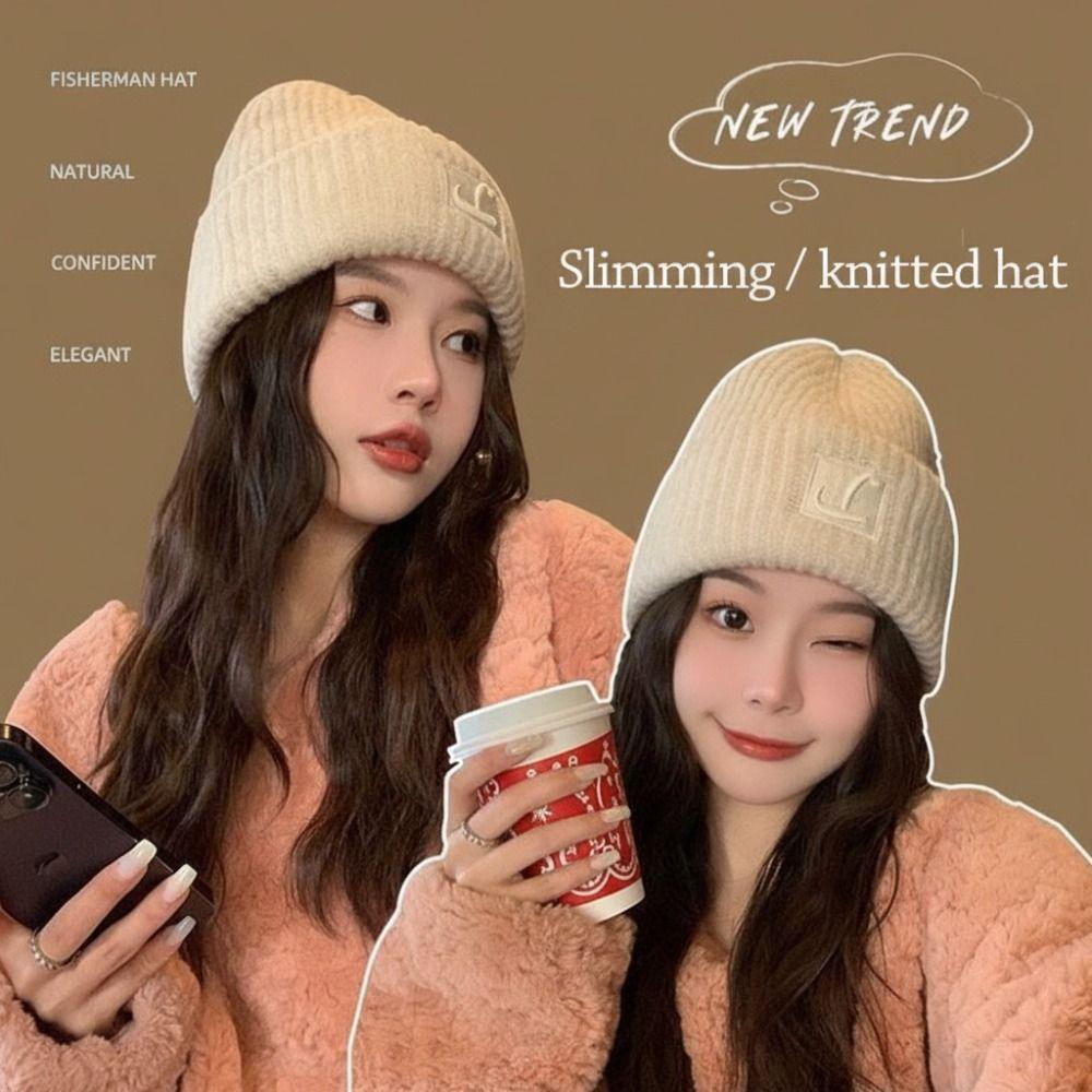 Windproof Warm Hat Solid Color Knitted Cap Winter Warm Beanies  Women