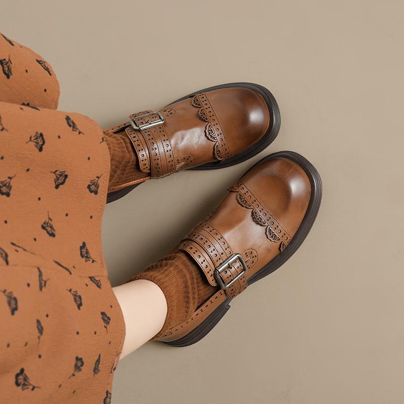 Loafers Autumn Women'S Shoes Thick Heel Low Heel Low Top Shoes Carved Retro Deep Mouth Single Shoes Small Leather Shoes