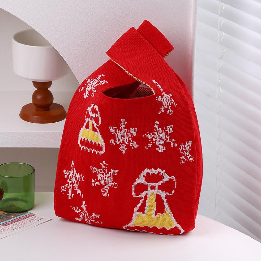 Fashion Reusable Christmas Knit Handbag Shopping Bags Weaving Handbags Handmade Wrist Bag Gifts Bag Snowflake Tote Bag
