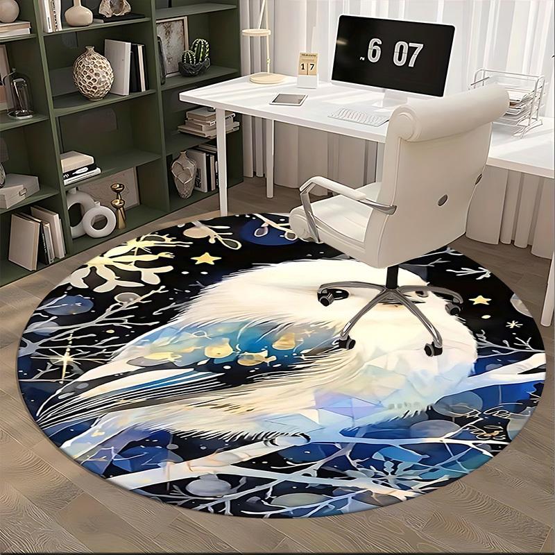 1pc Anime Design Winter White Bird Round Carpet Office Chair Mat, Non Slip Rug for Home Decor, Gift, Office, Living Room, Bedroom