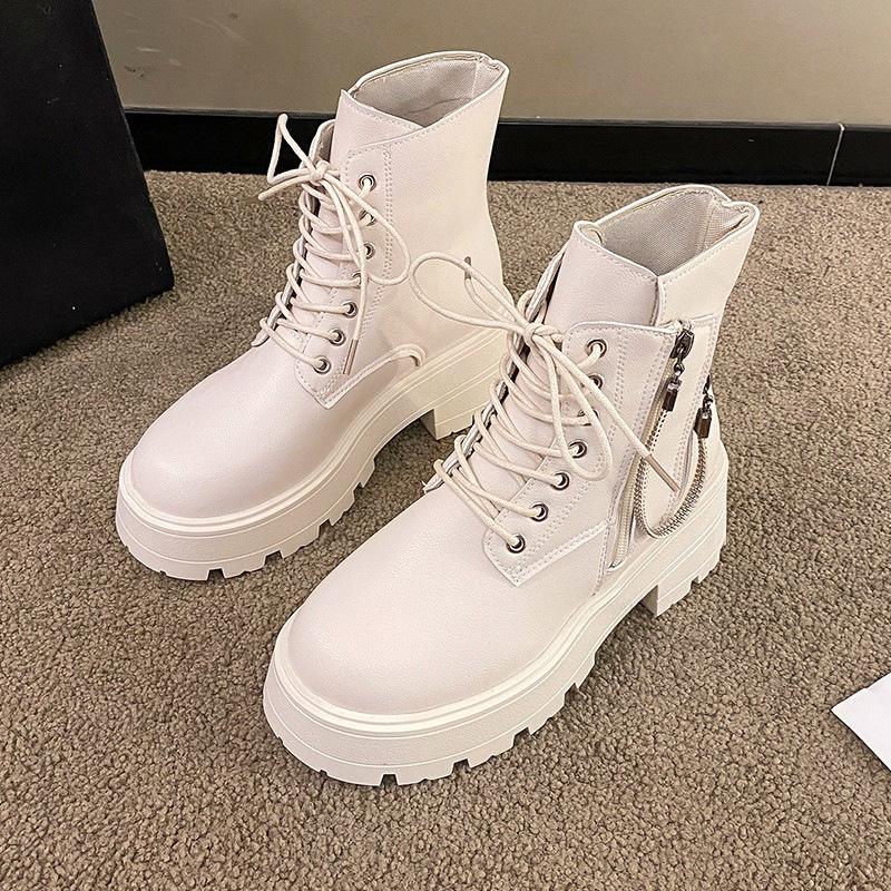 Fashion Autumn Fashion Thick Soled Ankle Boots Shoes for Women Versatile Height Increasing Black Leather Thick Heeled Short Botas Female