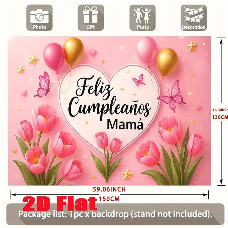 2D Mom Birthday Party Backdrop Pink Tulip & Balloon Decoration Banner