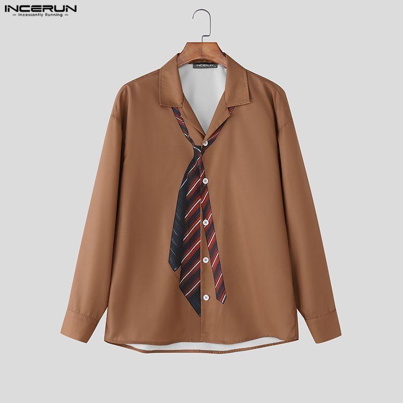 INCERUN Oversized Men Lapel Neck Long Sleeve Striped Print Buttons Up Casual Shirts