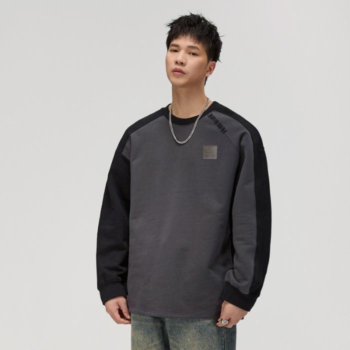 High-End 420G Heavy Splicing Design Long-Sleeved Sweater Men'S Contrasting Color Loose Casual Top