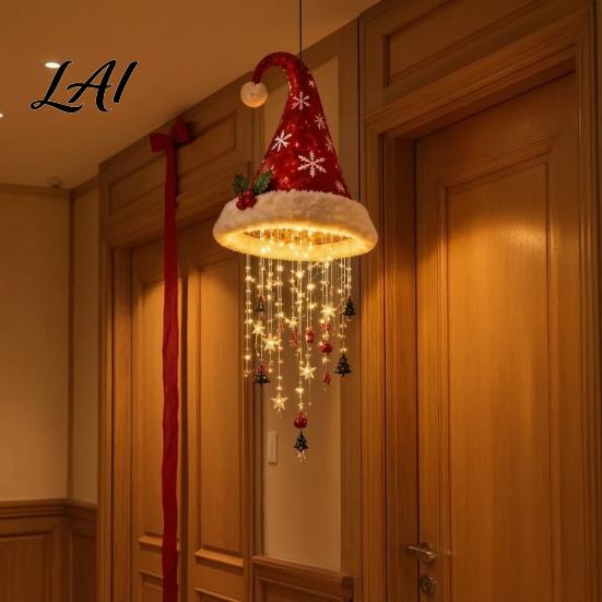 Indoor Christmas Craft Supplies Light‑Up Santa Hat Hanging Chandelier DIY Kit Warm LED String Lights Light Ornaments Pendant with Star Tassel,