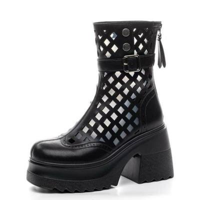 Moda Alta Qualità 10CM Stivali in Vera Pelle Sandali a Camino Stivaletti Traforati ZIP Scarpe alla Moda Mocassini Donna Estate Moto