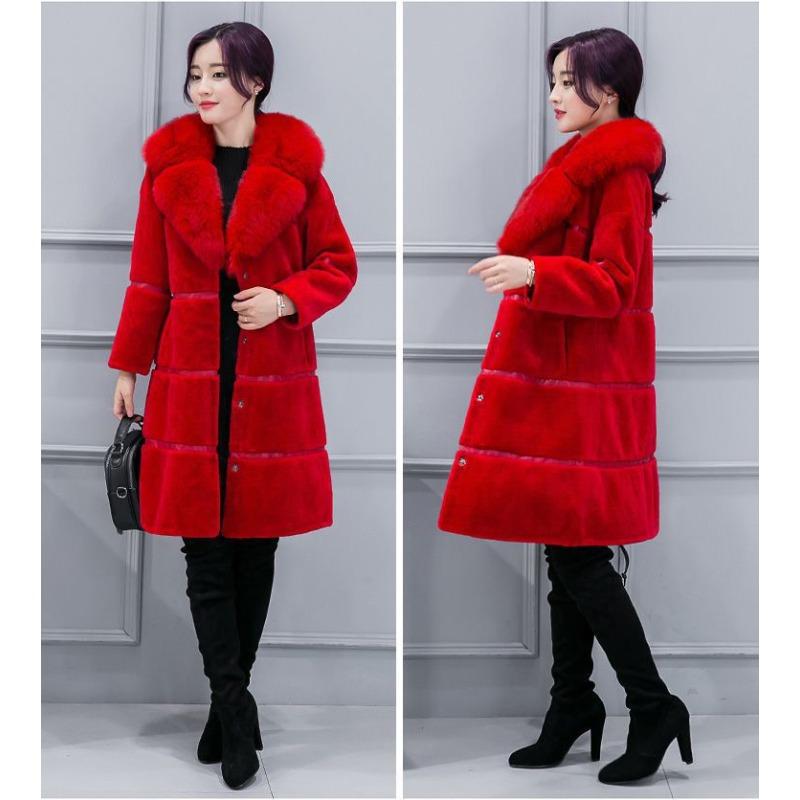 2 Herbst und Winter Damen Neuer Schafschurwolle integrierter Mantel Mittel und Lang Imitation Fuchs Pelzkragen Pelzmantel