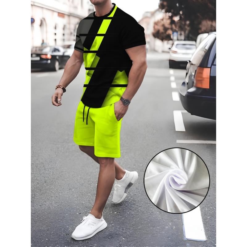 

Summer men s casual 3D pattern fluorescent color short-sleeved sports two-piece set, suitable for daily life and sports XL