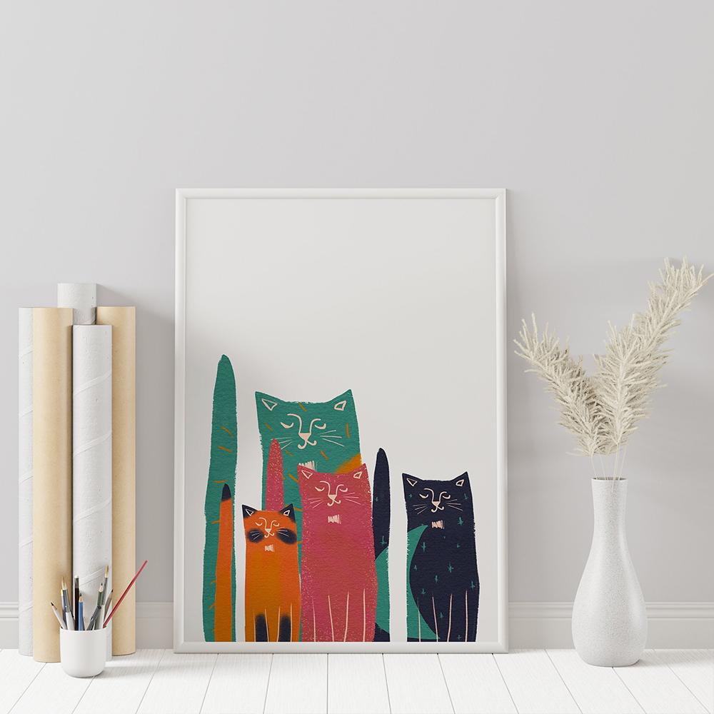 Nordic Spring Cute Cats Poster Hand Drawn Wall Art Canvas Painting Colorful Minimalist Picture For Living Room Home Decoration