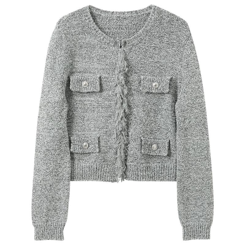 SANCITY Women's Round Neck Raw Edge Knit Cardigan