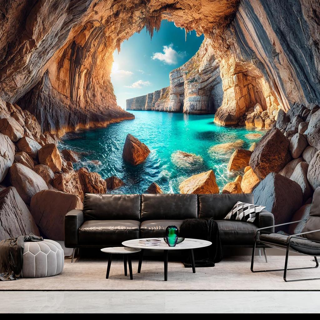 Sea Cave Tapestry Blue Ocean Sea Scenic Wall Hanging Nature Stone Landscape Beach Island Large Wall Blanket for Bedroom Living