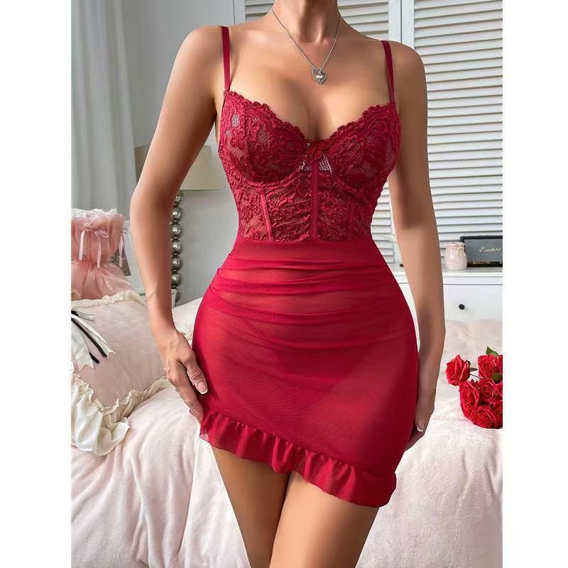 Seductive Lace Bodycon Dress & Lingerie Set with Underwire for Small Busts, Sleepwear 129
