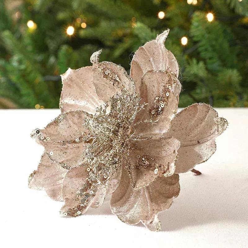 

22cm Artificial Flowers Nordic Champagne Christmas Flower New Simulation Pattern Diy Red Multi Layered Christmas Tree Decoration 22cm