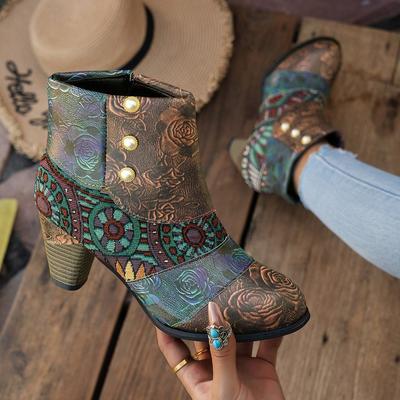 Women's Ethnic Style Floral Pattern Thick Heel Heightening Fall and Winter Lightweight Outdoor Hiking Non-slip Sports Casual Martin Boots