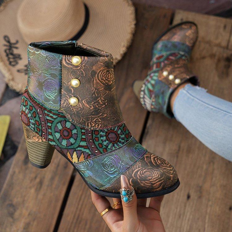 Bottines Martin décontractées sportives d'extérieur légères pour femmes, style ethnique, motif floral, talon épais rehaussant, automne et hiver, antidérapantes