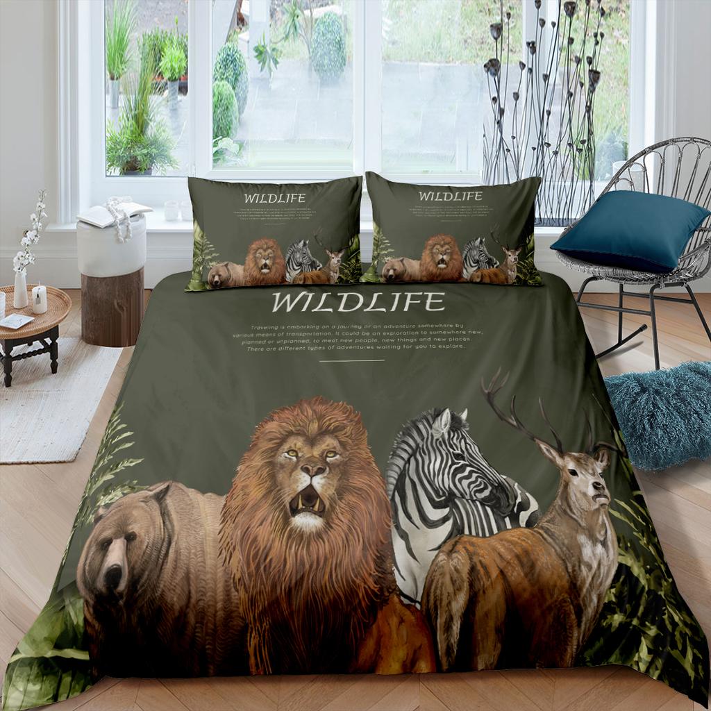 Funda Nórdica de Animales de Dibujos Animados Rey Reina Elefante Jirafa León Juego de Cama para Niños Vida Salvaje Amarillo 2/3 Piezas Funda de Colcha de Poliéster