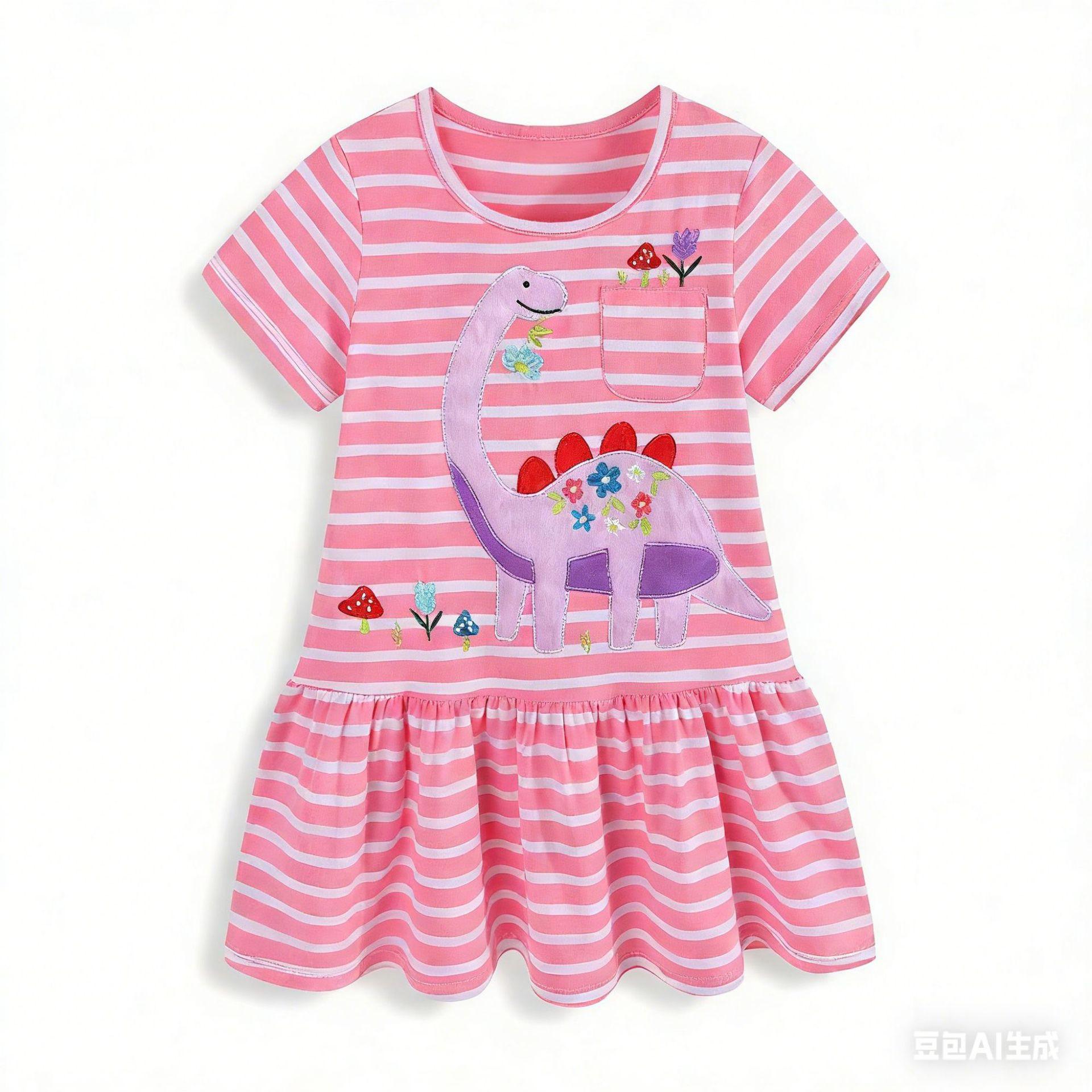 Girls Summer Short Sleeve Knit Dress with Dinosaur Embroidery 90