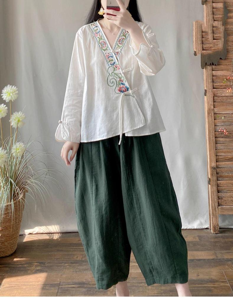Dámský Retro Bavlněný Hanfu Top s Vyšívaným Knoflíkem Žába - Jaro/Léto Kardigan na Čajový Obřad