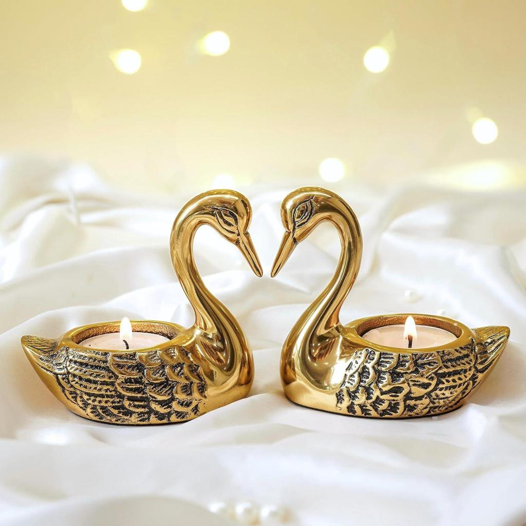 Aluminium Pair of Swans Tea Light Candle Holder with 2 T-Light Candles for Home Décor Living Room | Decorative Romantic Swan Couple Showpiece