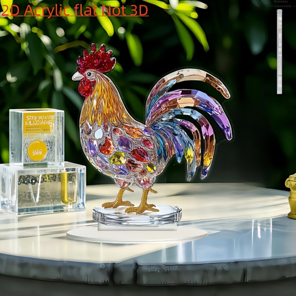 Flat colorful acrylic 2d rooster desktop ornament - 2d printed crystal rooster statue, suitable for living room, home office and modern home