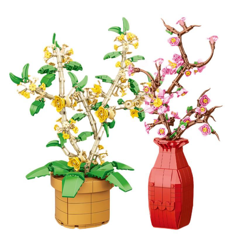 Blocks Building Puzzle Flower Peach Blossom Rose Cherry Blossom Kid Toy Model