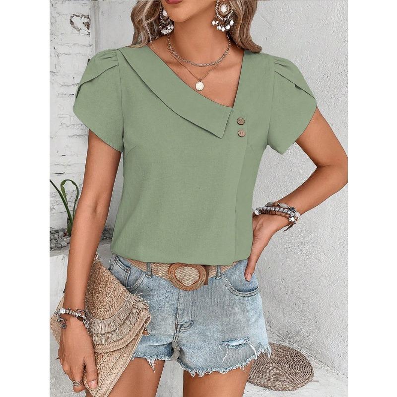 2026 Summer New Oblique Collar Loose Women Blouse Casual Solid Color Shirt Ladies Simple Button Sweet Petal Sleeves Tees Tops Fashion Elegant Clothes