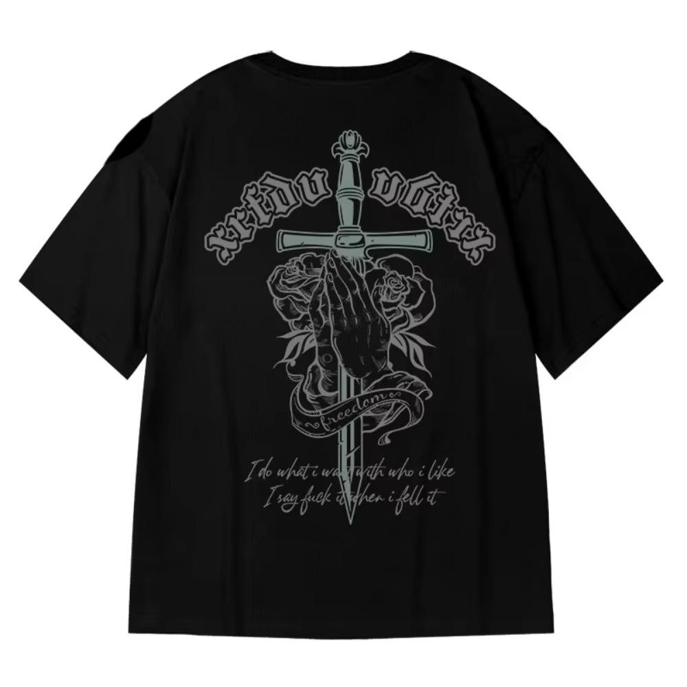 Religious Cross Faith Rose Print Men's T-shirt Short Sleeve 100% Cotton Tee Summer Casual Streetwear Plus Size Clothing Y2k Tops