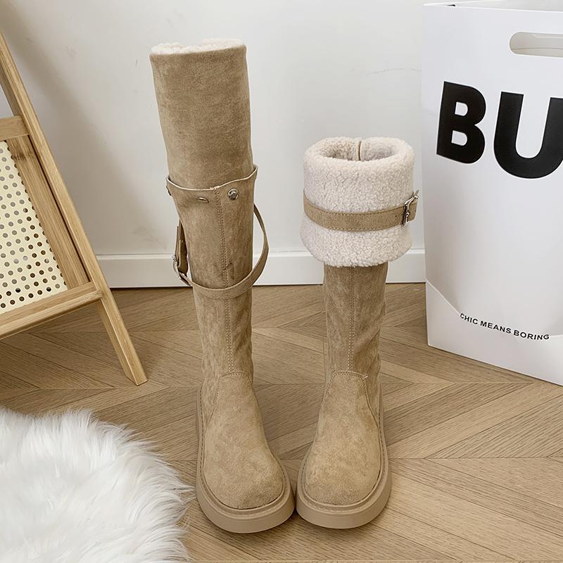 Mode Dicke Sohle Schneestiefel Damen Kunstfell Mode Overknee-Stiefel Neue Winter Warme Fellstiefel Gürtelschnalle Lässige Baumwollschuhe