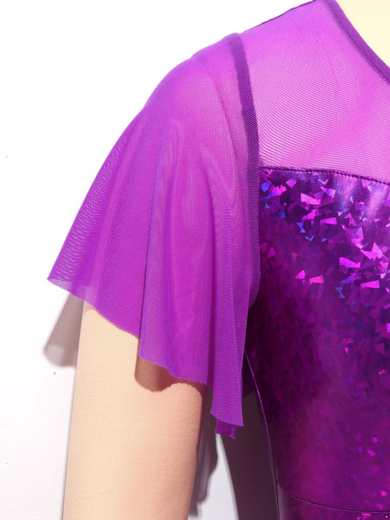 Women Stage Performance Leotard Metallic Mesh Patchwork Flutter Sleeve Ruched Front Cross U Back Ballet Dance Bodysuit